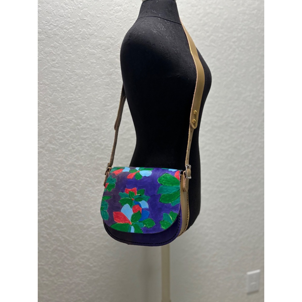 Hand Painted Floral Leather Crossbody Bag Purple Gold Metallic Artisan SaddleBag